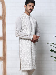 Floral Embroidered Silk Blend Kurta (65KO 5362 Grey ) [FF] [A-1-4]