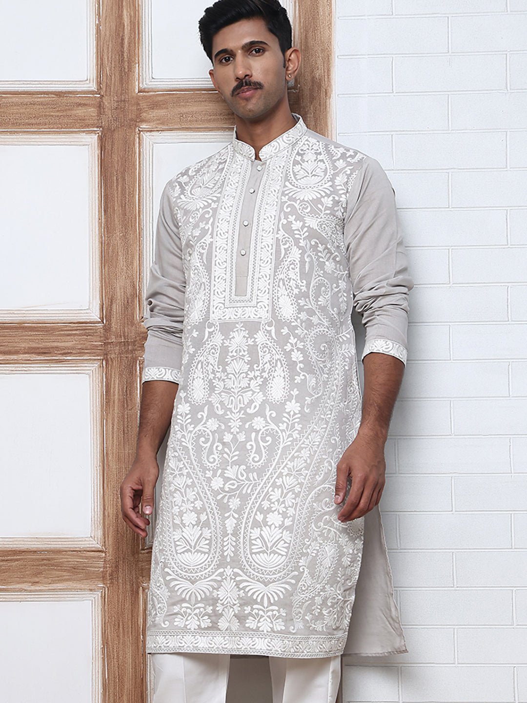 DesiQlo Men Embroidered Kurta Only - Grey - 65KO_5362Grey_S