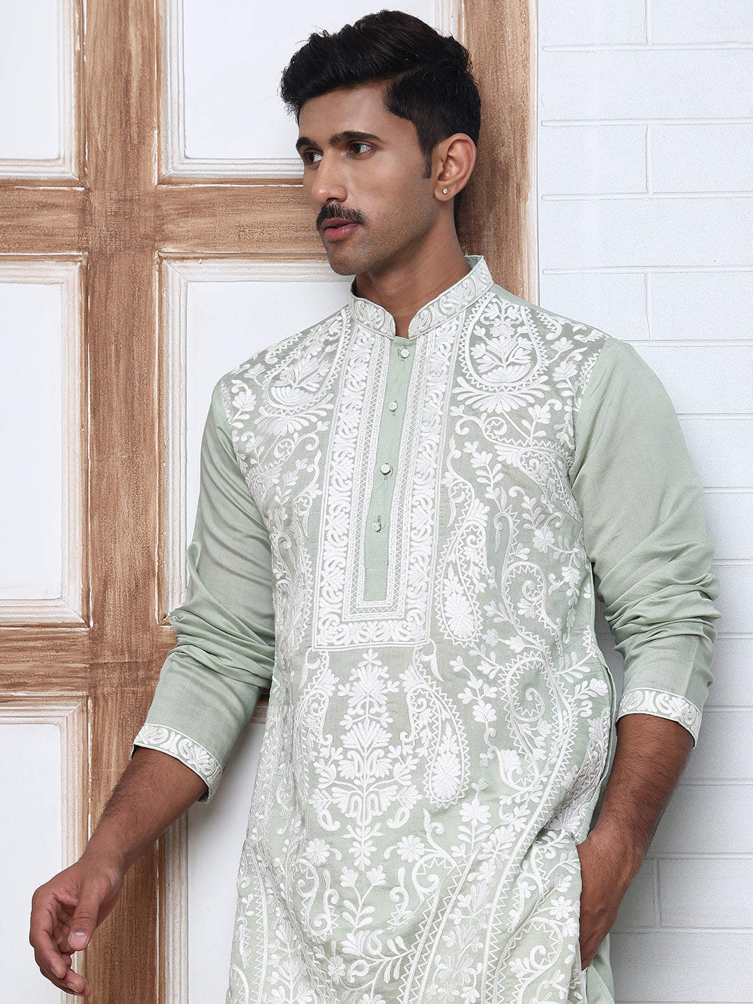 DesiQlo Men Embroidered Kurta Only - Green - 65KO_5362Lime_S
