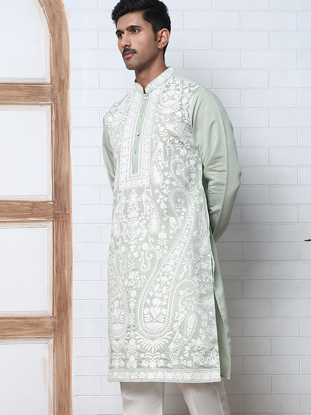 DesiQlo Men Embroidered Kurta Only - Green - 65KO_5362Lime_S