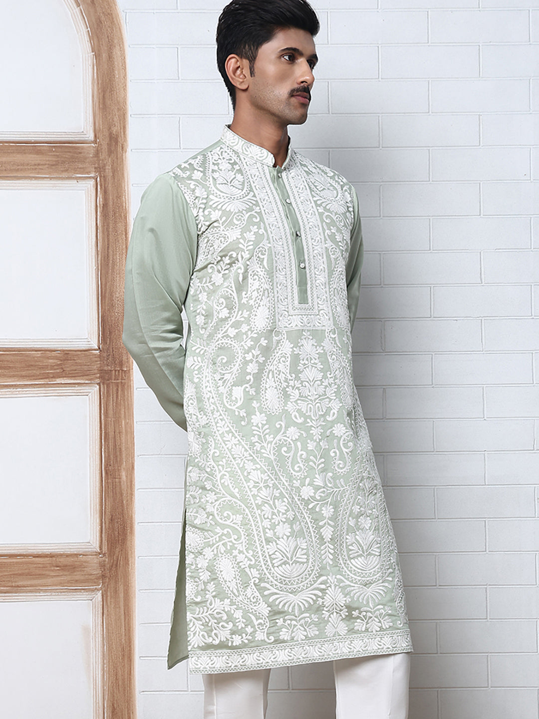 DesiQlo Men Embroidered Kurta Only - Green - 65KO_5362Lime_S