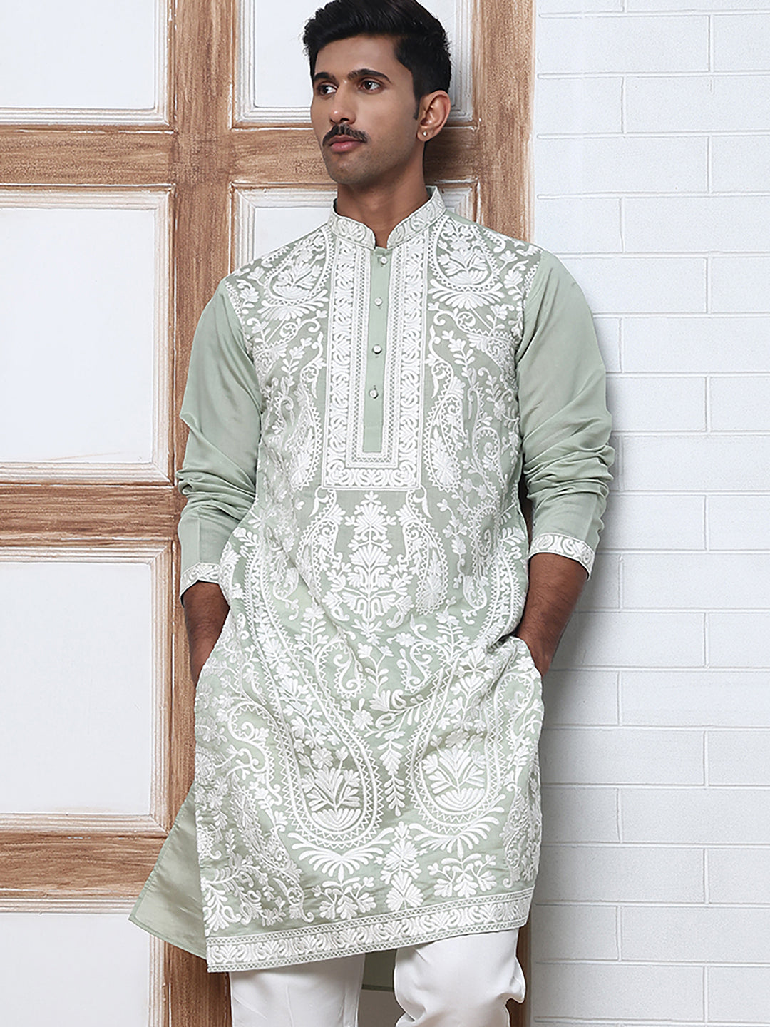 DesiQlo Men Embroidered Kurta Only - Green - 65KO_5362Lime_S