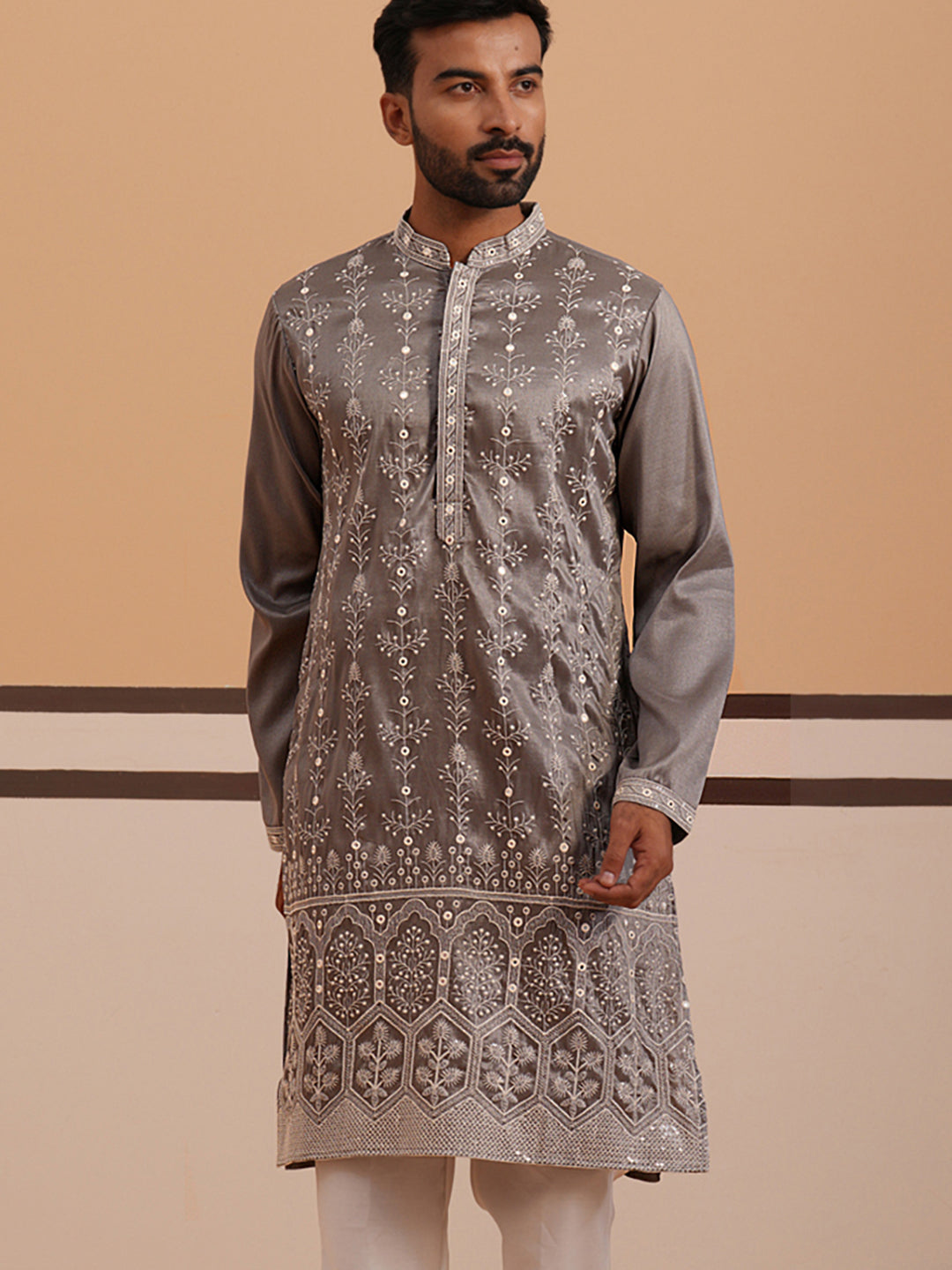 DesiQlo Men Embroidered Kurta Only - Grey - 65KO_5363Grey_S