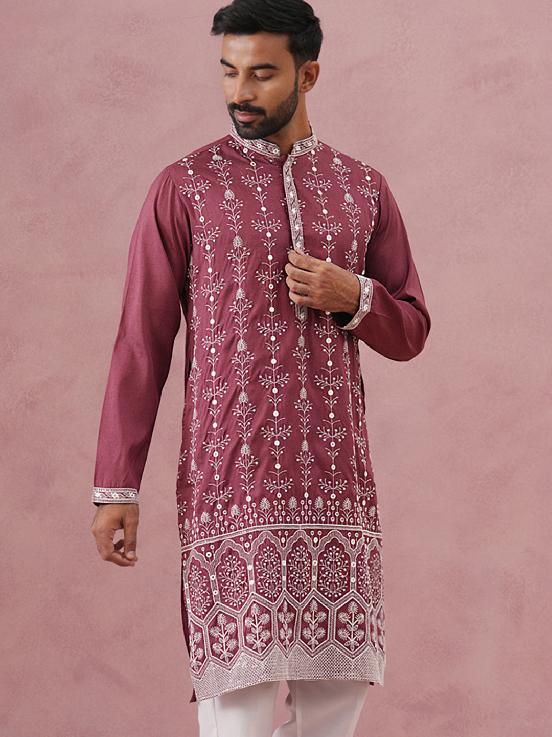 DesiQlo Men Embroidered Kurta Only - Maroon - 65KO_5363Maroon_S