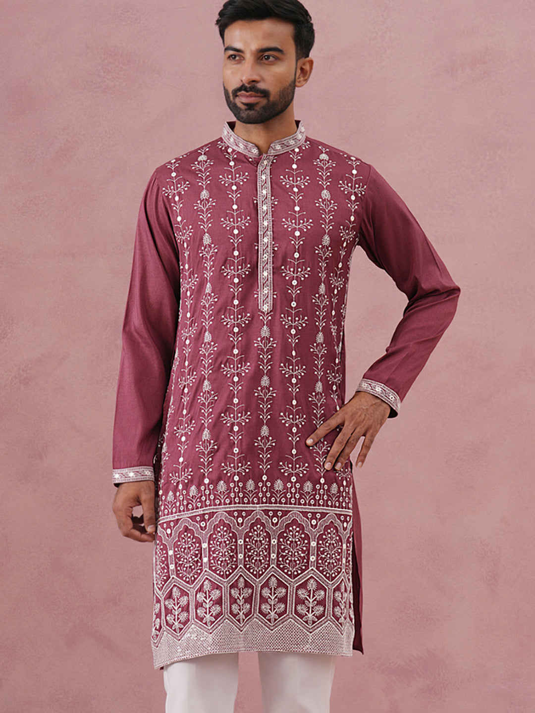 DesiQlo Men Embroidered Kurta Only - Maroon - 65KO_5363Maroon_S