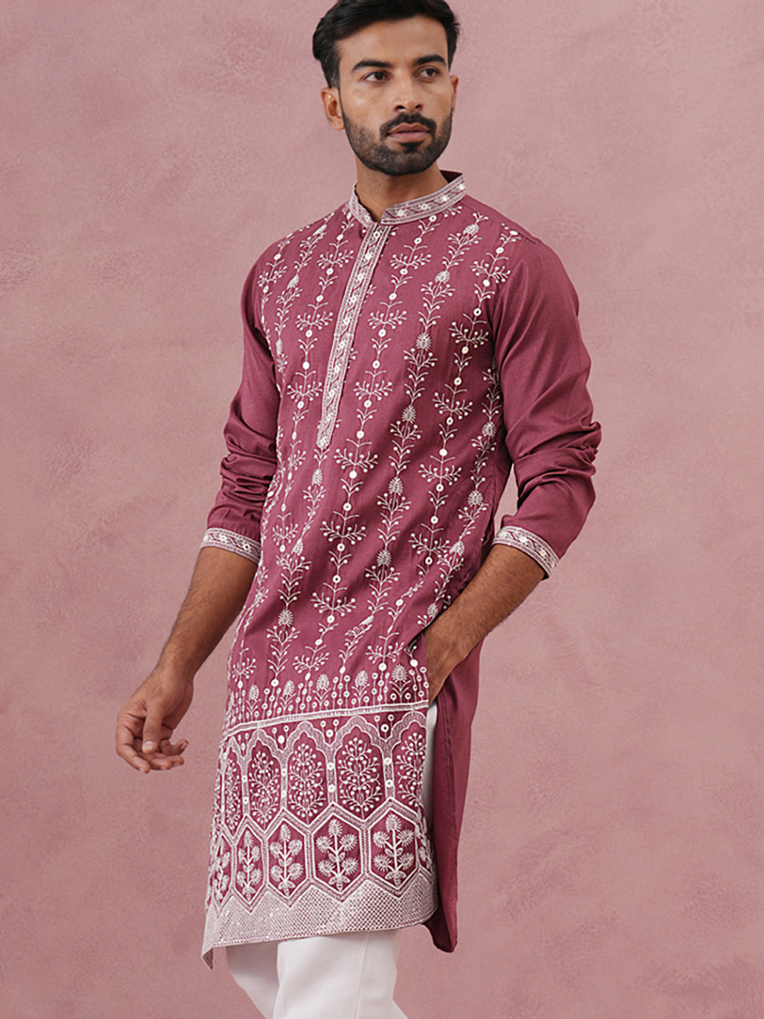 DesiQlo Men Embroidered Kurta Only - Maroon - 65KO_5363Maroon_S