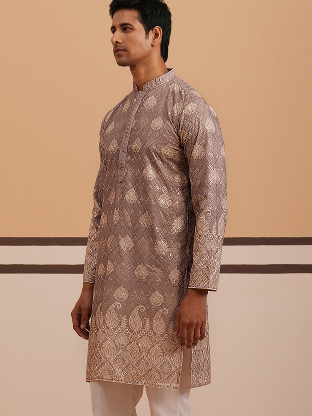 DesiQlo Men Embroidered Kurta Only - Grey - 65KO_5365Grey_S