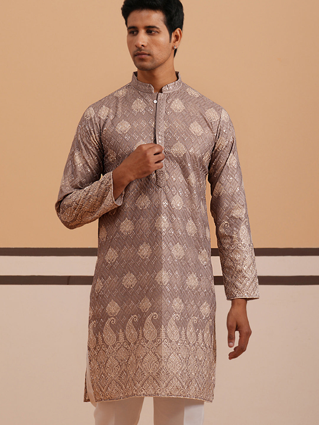 DesiQlo Men Embroidered Kurta Only - Grey - 65KO_5365Grey_S