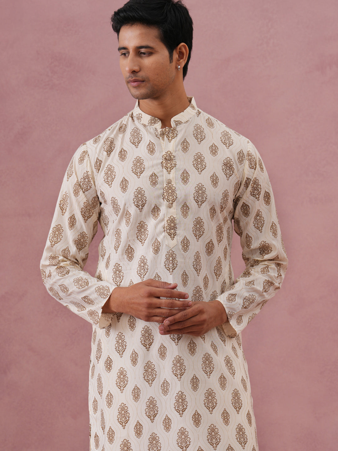Silk-Blend Foil Printed Festive Kurta ( 65KO 5366 Cream ) [FF] [A-1-4]