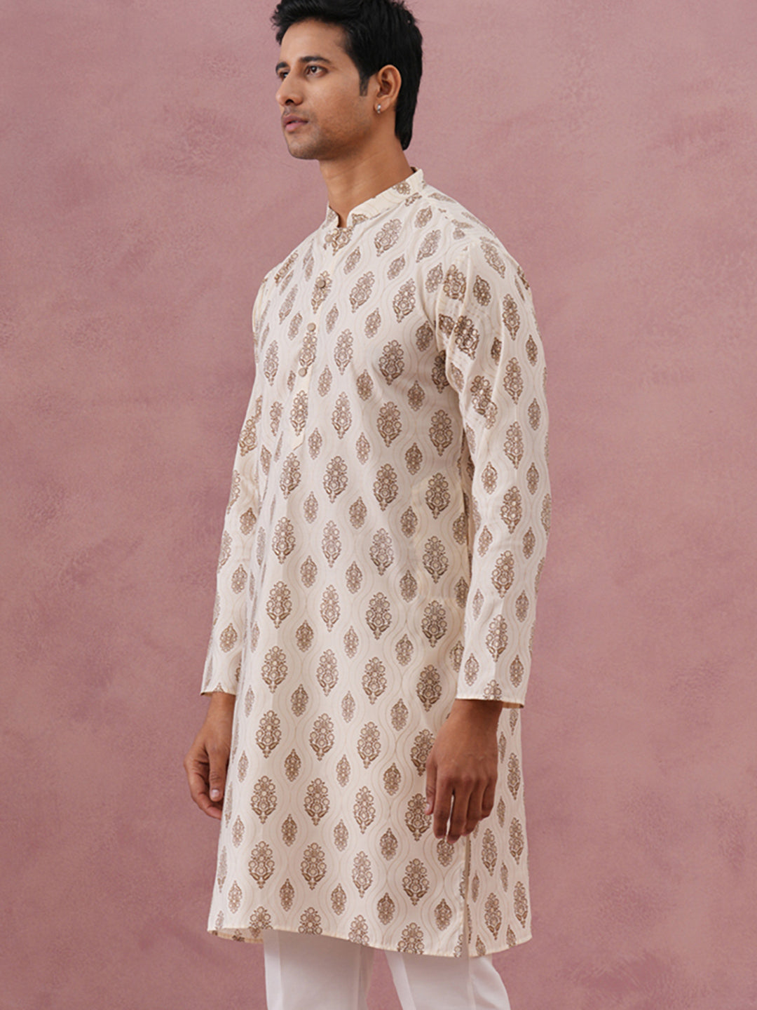 DesiQlo Men Printed Kurta Only - Beige - 65KO_5366Cream_S