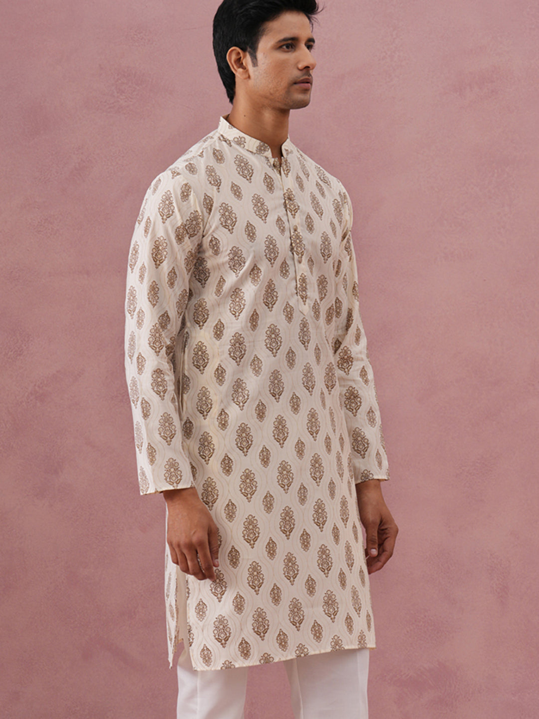 DesiQlo Men Printed Kurta Only - Beige - 65KO_5366Cream_S