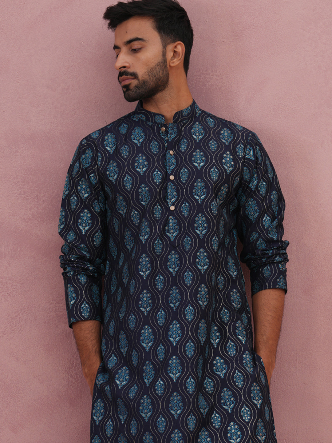 DesiQlo Men Printed Kurta Only - Blue - 65KO_5366Navy_S