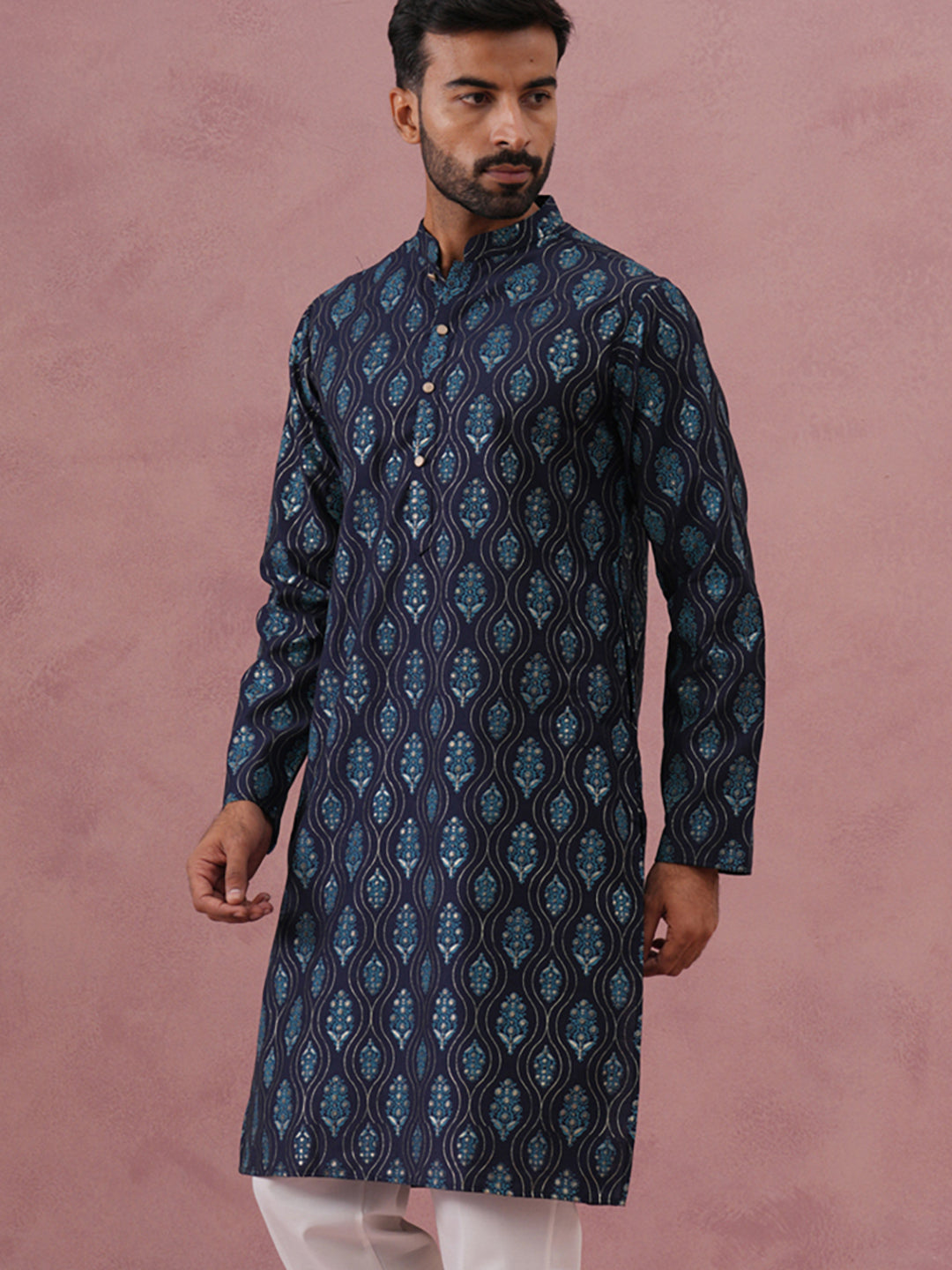 DesiQlo Men Printed Kurta Only - Blue - 65KO_5366Navy_S