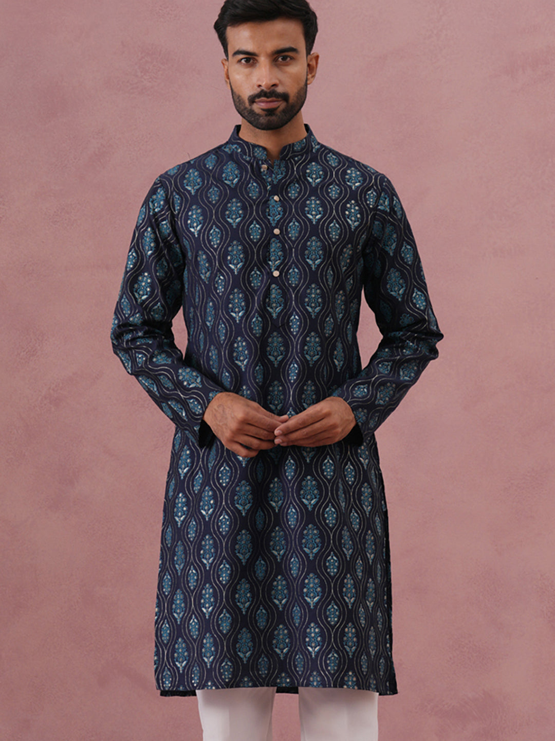 DesiQlo Men Printed Kurta Only - Blue - 65KO_5366Navy_S