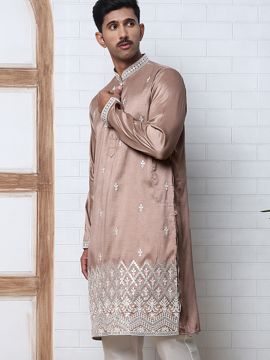 DesiQlo Men Embroidered Kurta Only - Brown - 65KO_5371Brown_S
