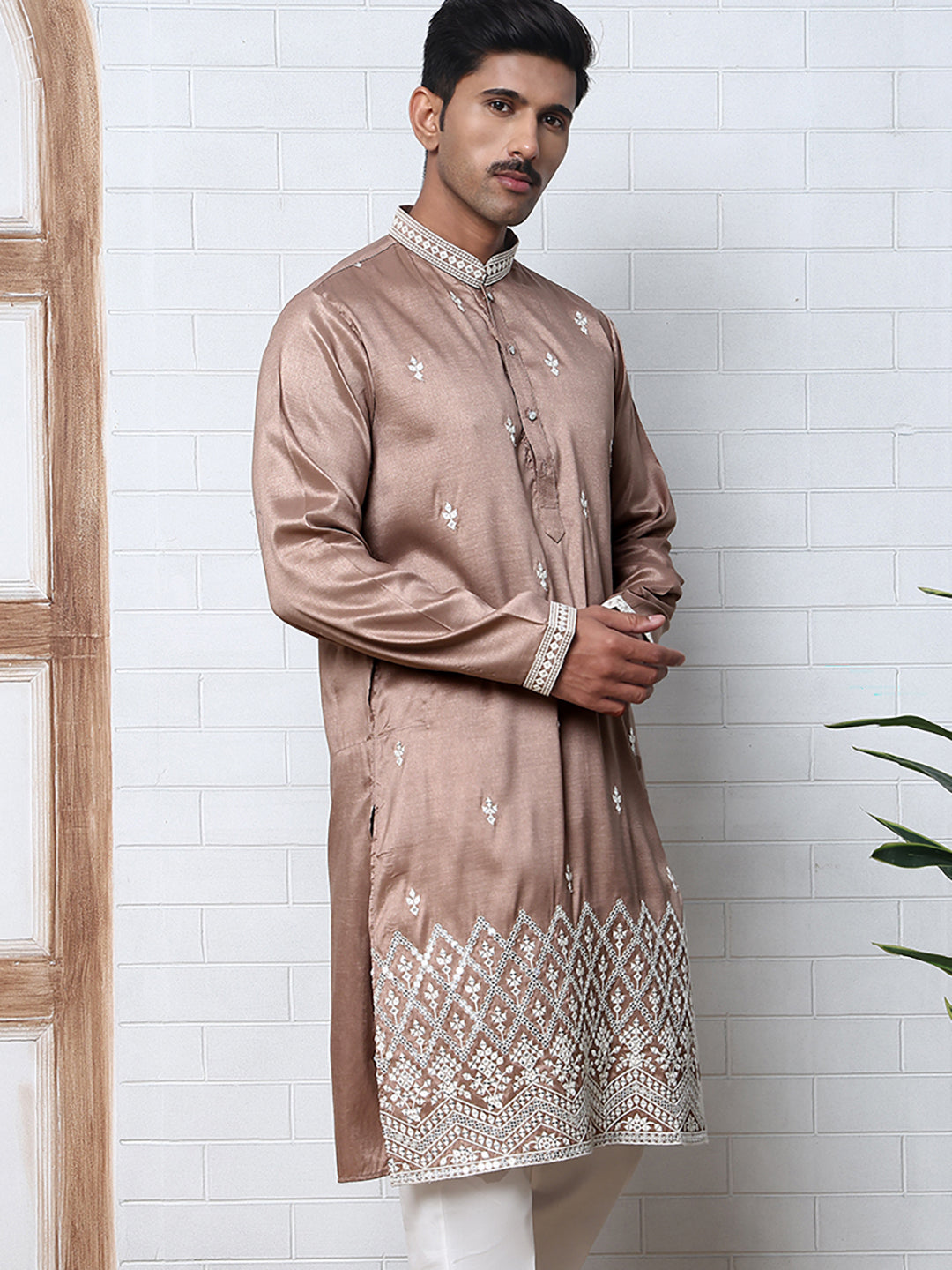 DesiQlo Men Embroidered Kurta Only - Brown - 65KO_5371Brown_S