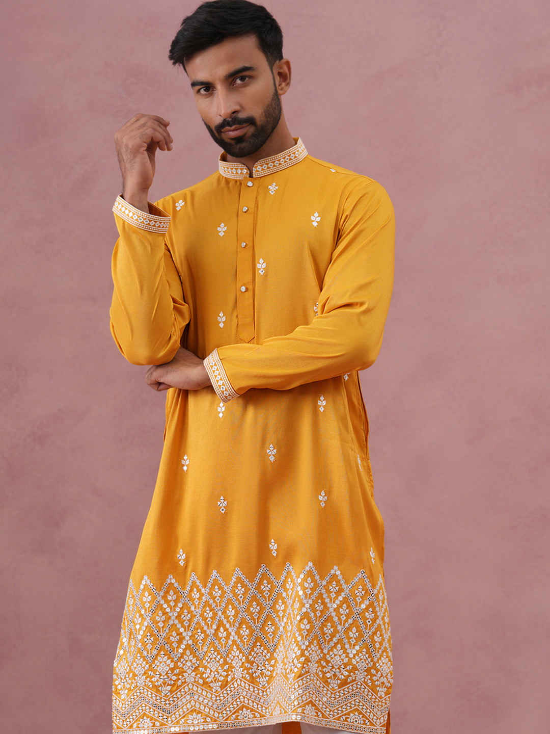 Traditional Silk-Blend Kurta with Embroidery ( 65KO 5371 Mustard ) [FF] [A-1-4]
