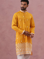 Traditional Silk-Blend Kurta with Embroidery ( 65KO 5371 Mustard ) [FF] [A-1-4]