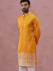 Traditional Silk-Blend Kurta with Embroidery ( 65KO 5371 Mustard ) [FF] [A-1-4]