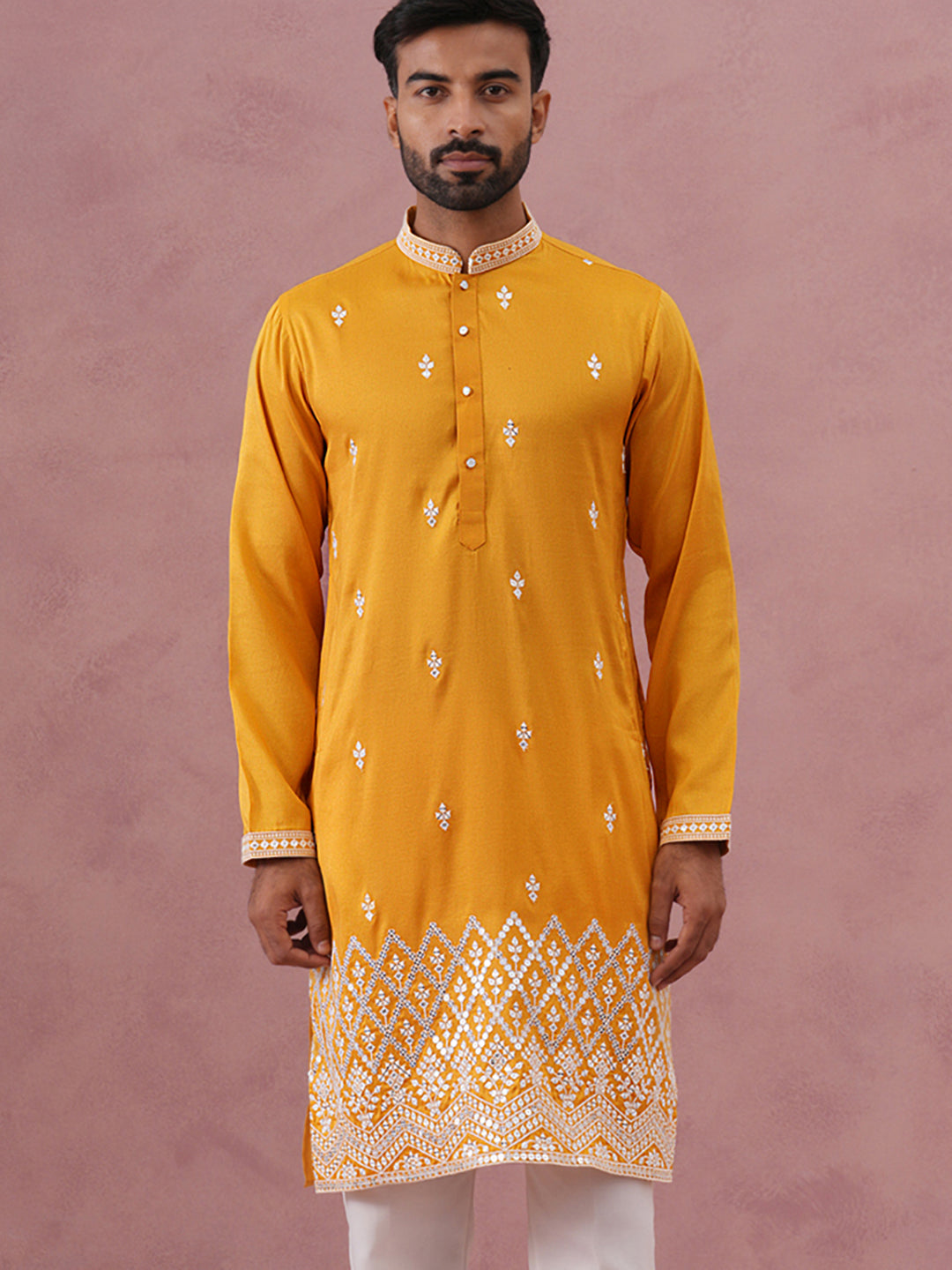 DesiQlo Men Embroidered Kurta Only - Yellow - 65KO_5371Mustard_S