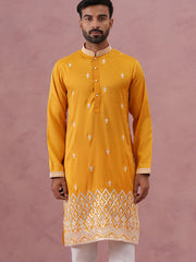 Traditional Silk-Blend Kurta with Embroidery ( 65KO 5371 Mustard ) [FF] [A-1-4]