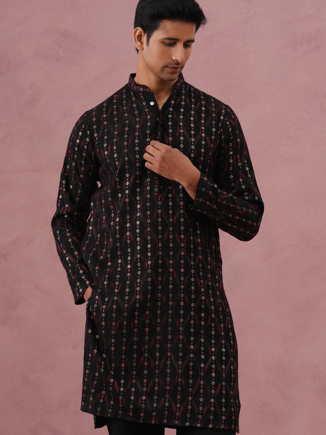 DesiQlo Men Embroidered Kurta Only - Black - 65KO_5372Black_S