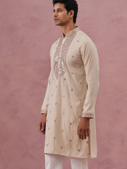 Silk Blend Embroidered Kurta for Men ( 65KO 5373 Cream ) [FF] [P-5]