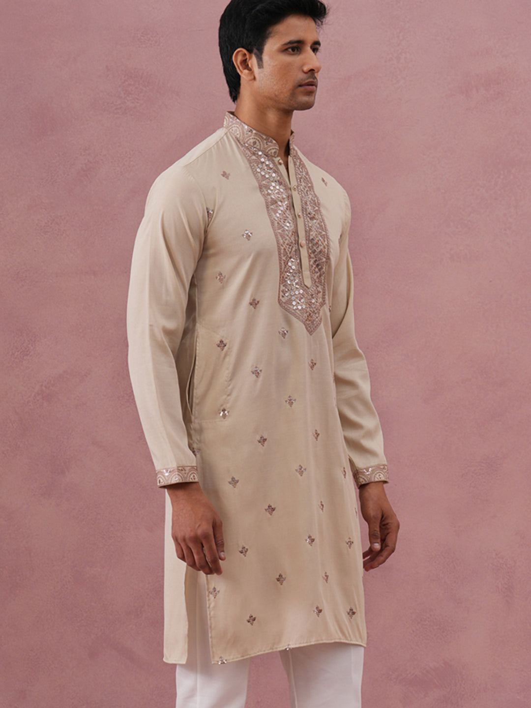 DesiQlo Men Embroidered Kurta Only - Beige - 65KO_5373Cream_S
