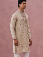 Silk Blend Embroidered Kurta for Men ( 65KO 5373 Cream ) [FF] [P-5]