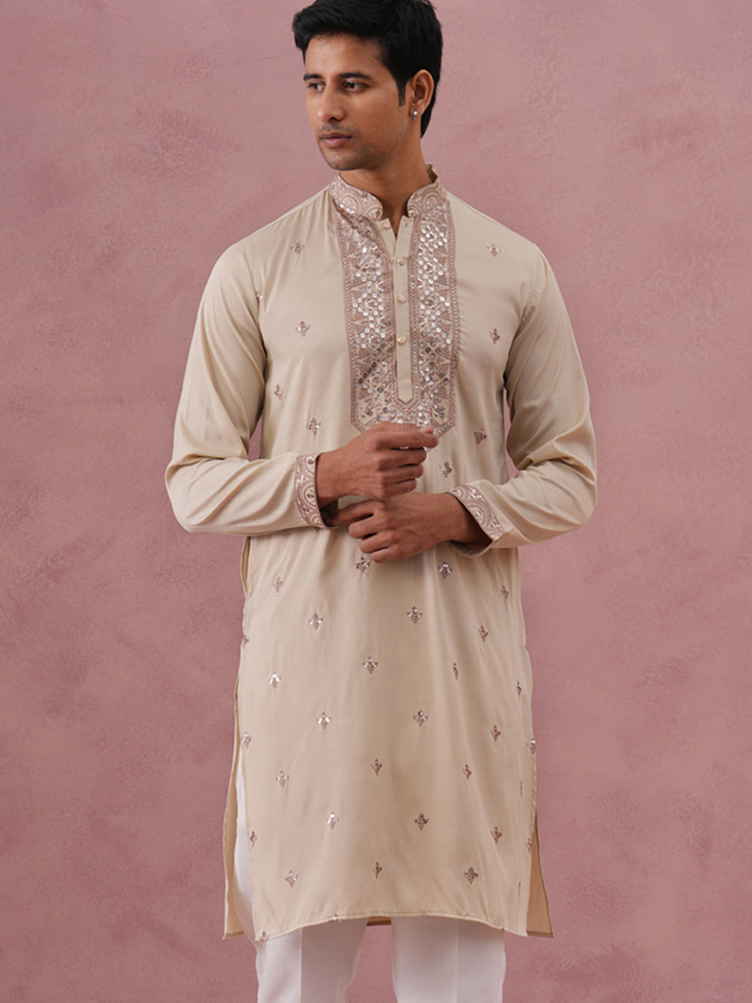 DesiQlo Men Embroidered Kurta Only - Beige - 65KO_5373Cream_S