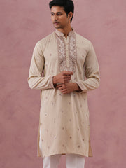 Silk Blend Embroidered Kurta for Men ( 65KO 5373 Cream ) [FF] [P-5]