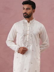 Silk Blend Embroidered Kurta for Men ( 65KO 5373 Off-White ) [FF] [P-5]