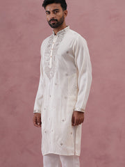 Silk Blend Embroidered Kurta for Men ( 65KO 5373 Off-White ) [FF] [P-5]