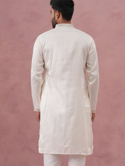 Silk Blend Embroidered Kurta for Men ( 65KO 5373 Off-White ) [FF] [P-5]