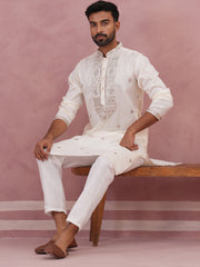 Silk Blend Embroidered Kurta for Men ( 65KO 5373 Off-White ) [FF] [P-5]