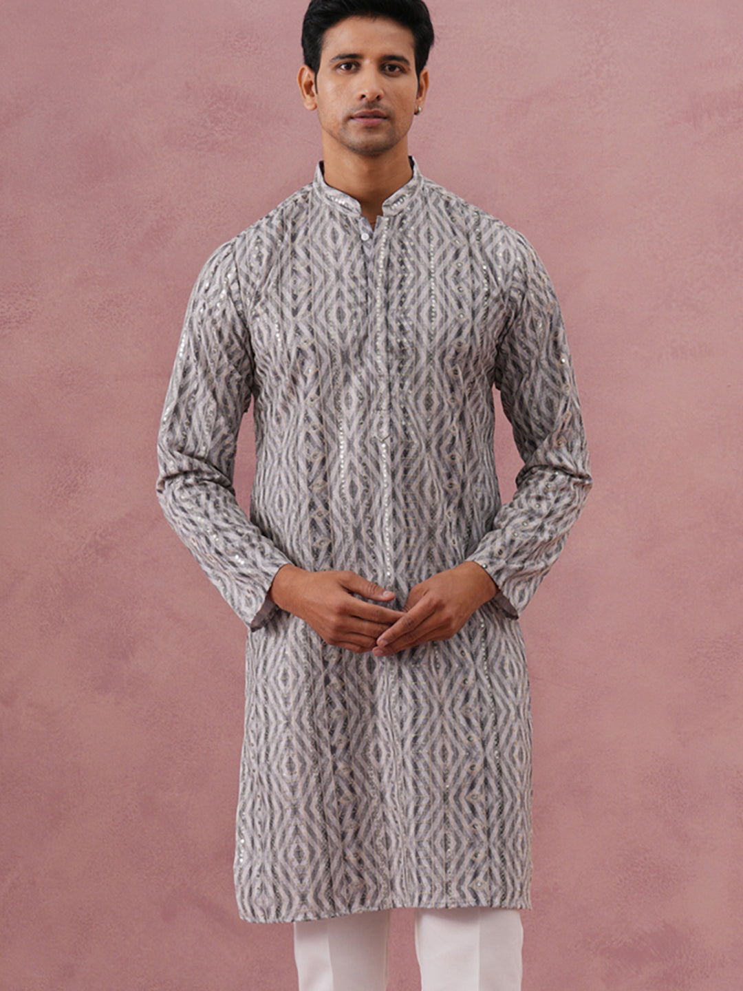 DesiQlo Men Printed Kurta Only - Grey - 65KO_5379Grey_S