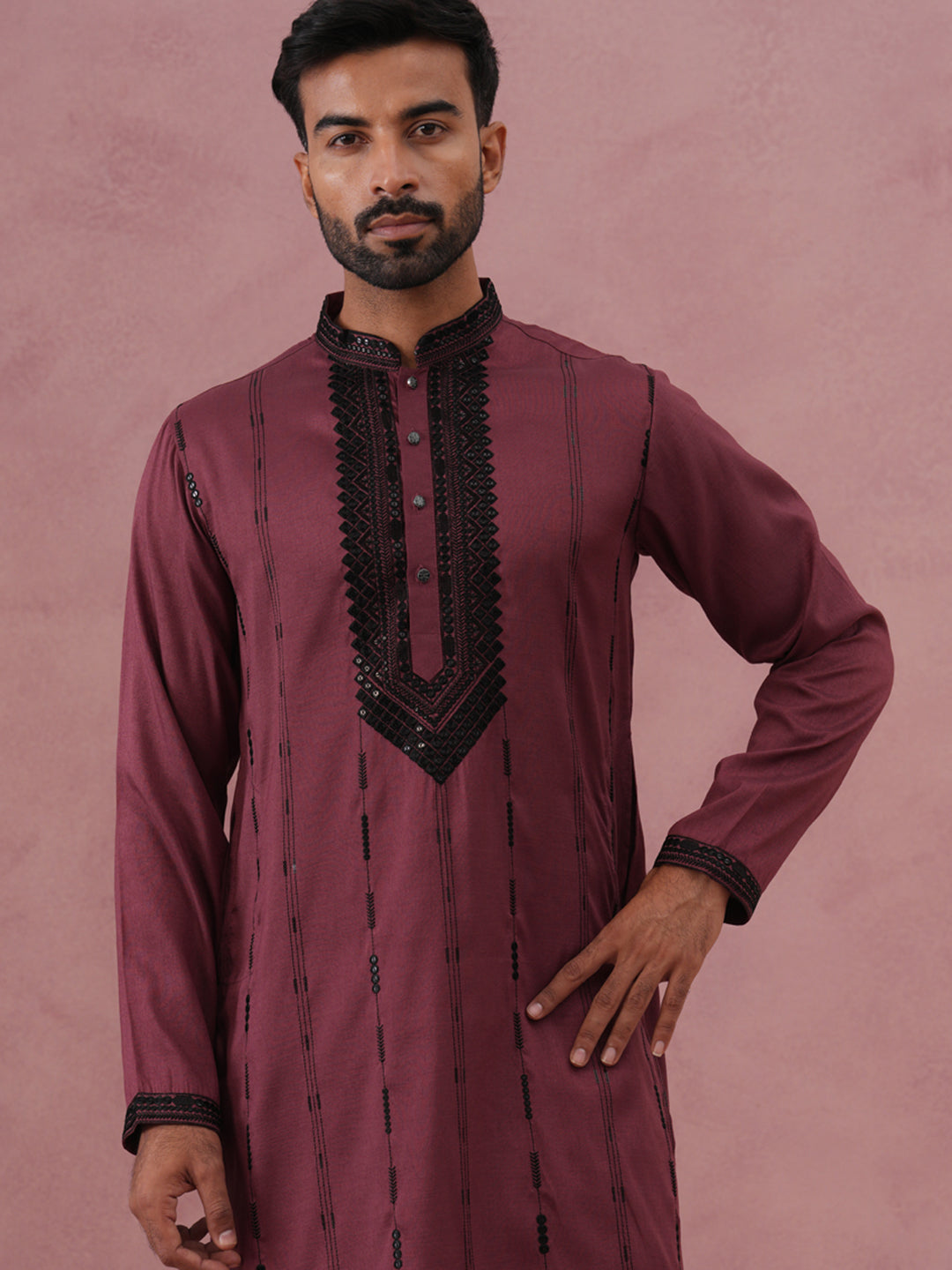 DesiQlo Men Embroidered Kurta Only - Maroon - 65KO_5380Maroon_S