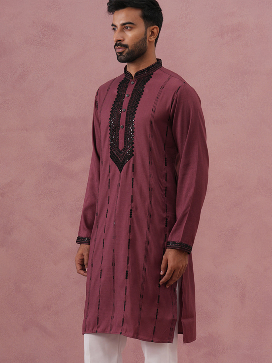 DesiQlo Men Embroidered Kurta Only - Maroon - 65KO_5380Maroon_S