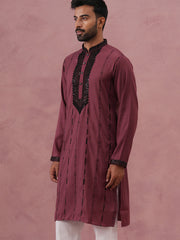 Wine Silk Blend Kurta with Black Geometric Embroidery ( 65KO 5380 Maroon ) [FF] [P-5]