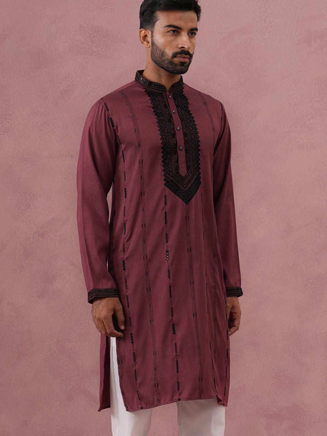 DesiQlo Men Embroidered Kurta Only - Maroon - 65KO_5380Maroon_S