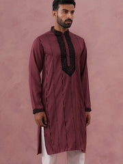 Wine Silk Blend Kurta with Black Geometric Embroidery ( 65KO 5380 Maroon ) [FF] [P-5]