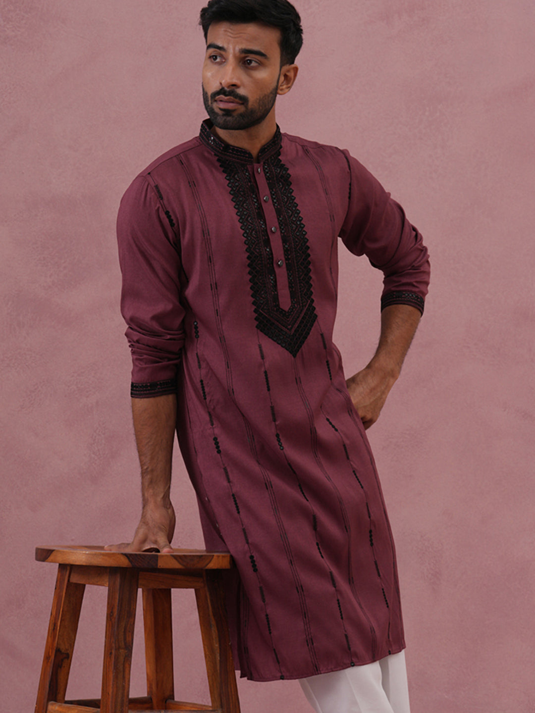 Wine Silk Blend Kurta with Black Geometric Embroidery ( 65KO 5380 Maroon ) [FF] [P-5]