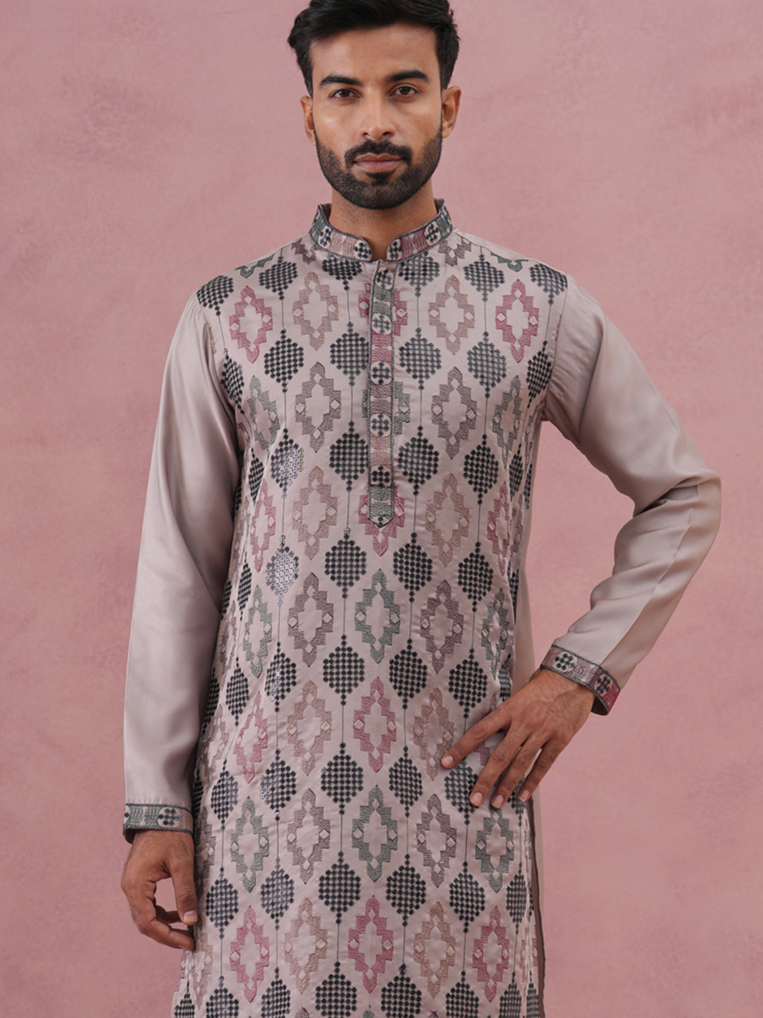 DesiQlo Men Embroidered Kurta Only - Grey - 65KO_5381Grey_S