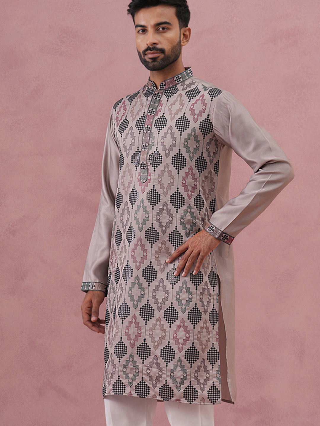 DesiQlo Men Embroidered Kurta Only - Grey - 65KO_5381Grey_S