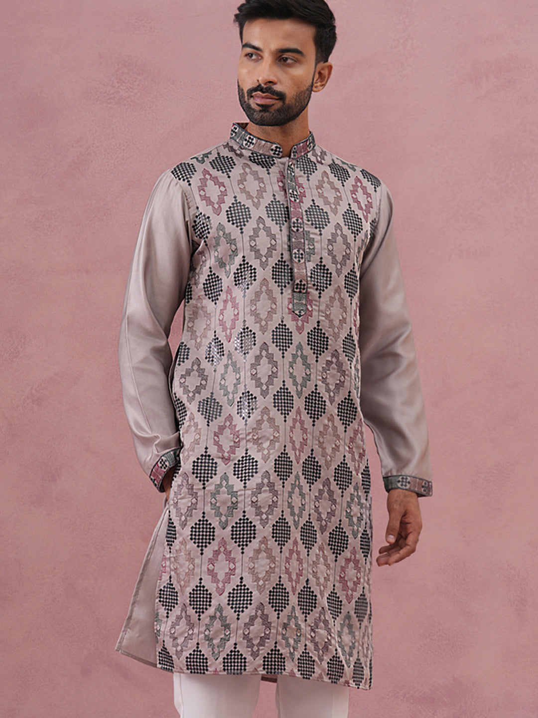 DesiQlo Men Embroidered Kurta Only - Grey - 65KO_5381Grey_S