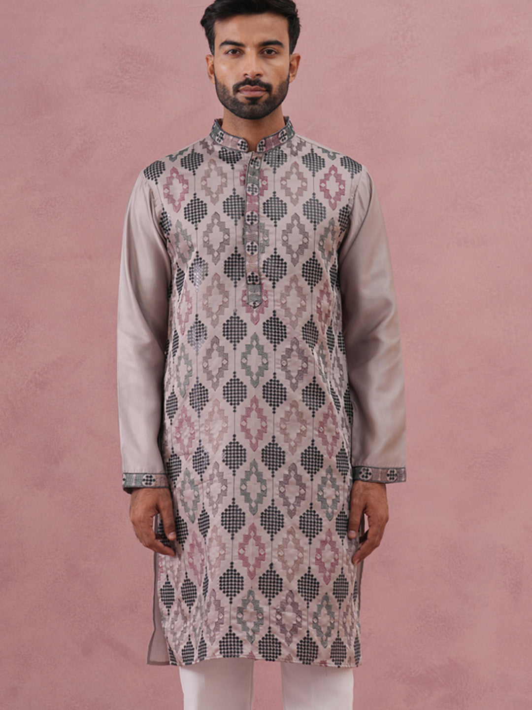 DesiQlo Men Embroidered Kurta Only - Grey - 65KO_5381Grey_S