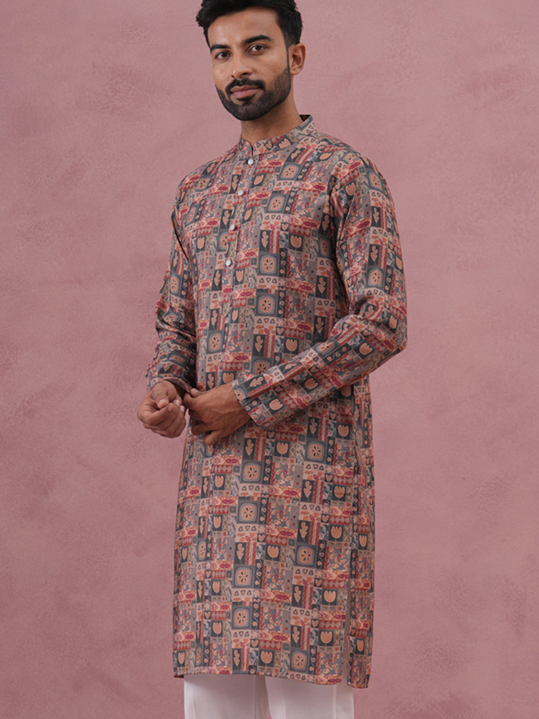 DesiQlo Men Printed Kurta Only - Grey - 65KO_5384Grey_S