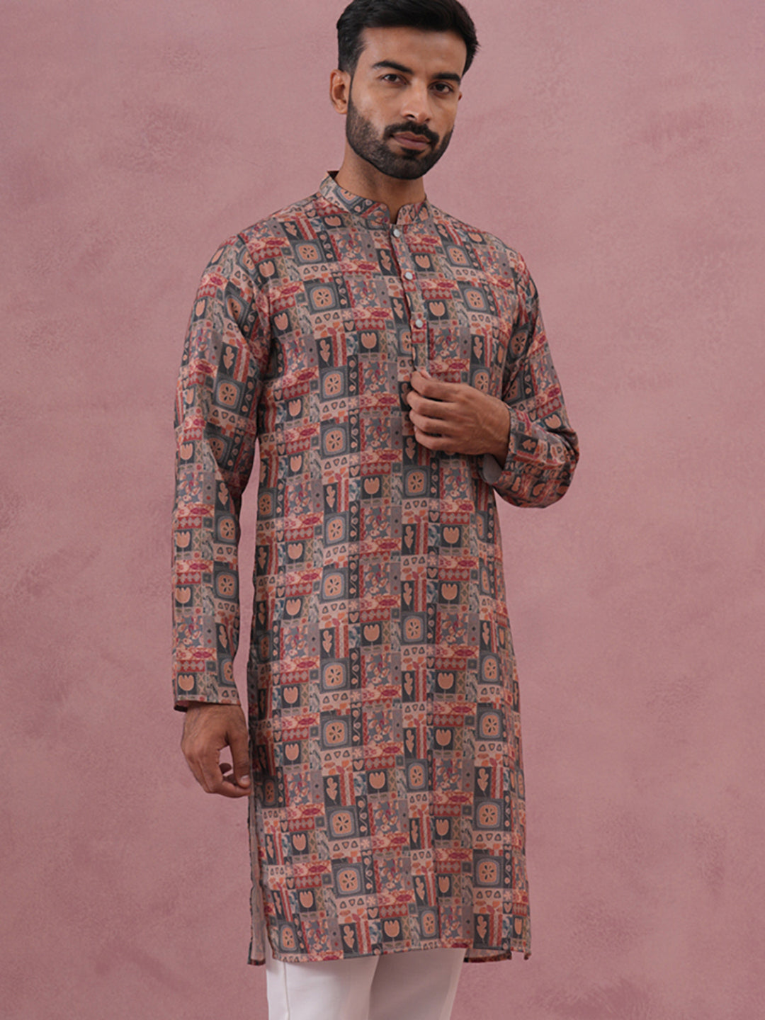 DesiQlo Men Printed Kurta Only - Grey - 65KO_5384Grey_S