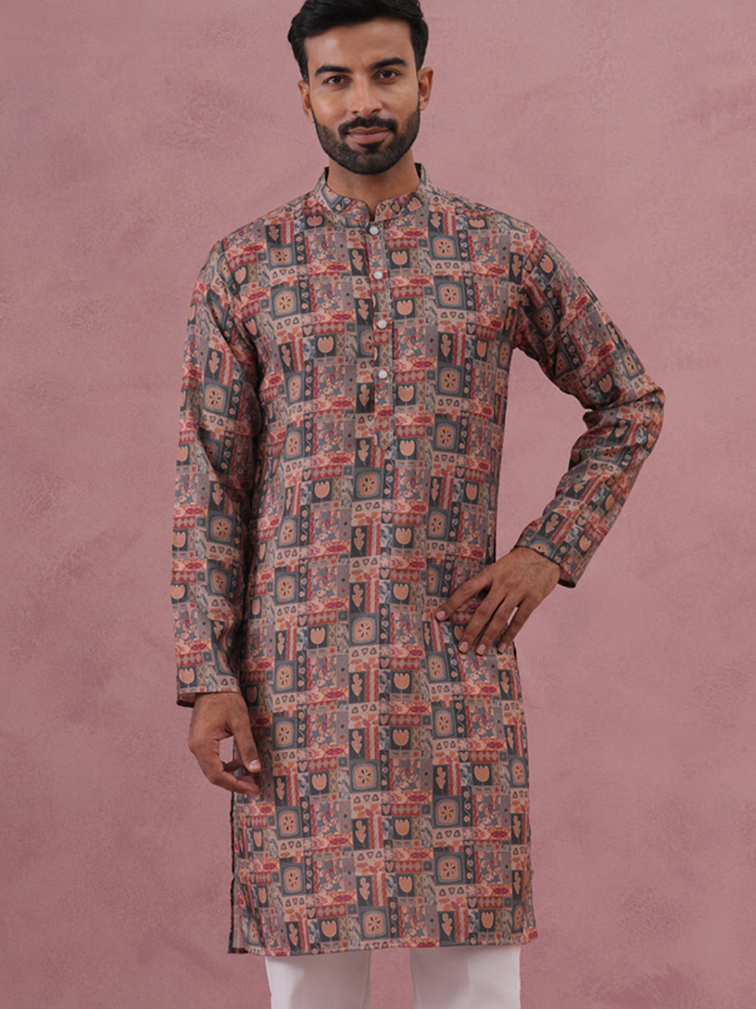 DesiQlo Men Printed Kurta Only - Grey - 65KO_5384Grey_S