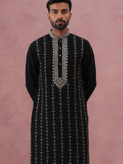 Black Silk Blend Kurta with Off White Geometric Embroidery (65KO 5385 Black ) [FF] [A-1-4]
